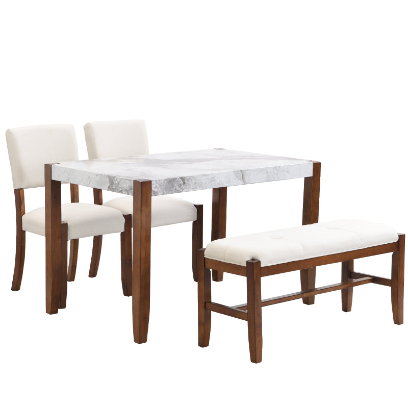 4-Piece Modern Dining Set - Faux Marble Table with 2 Chairs & Bench