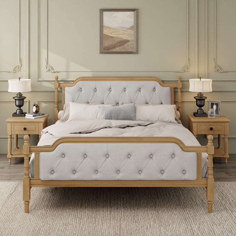 Queen Solid Wood Bed Frame with Tufted Headboard - No Box Spring, Antique Walnut
