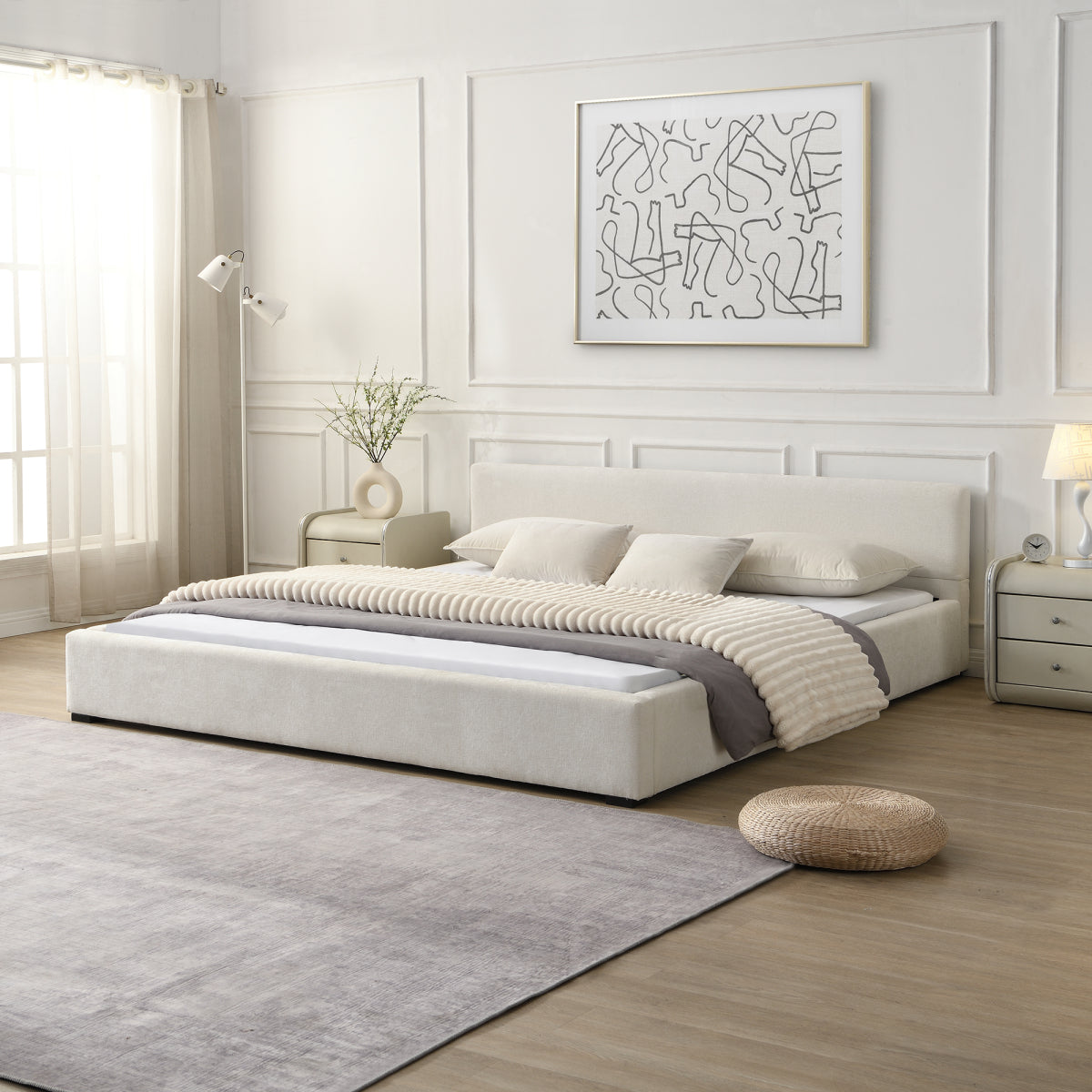 Modern Modern King Upholstered Bed: Beige Wide-Edge Platform Bed Frame Upholstered Bed: Beige Wide-Edge Platform Bed Frame