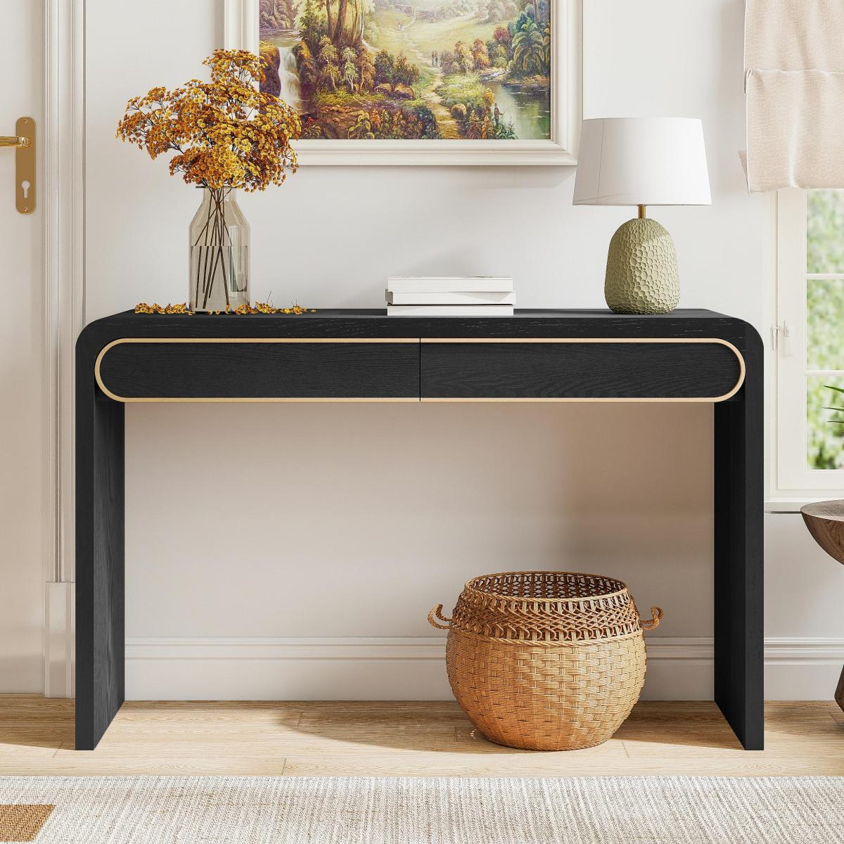 Black Narrow Console Table with Drawers | Entryway & Sofa Table