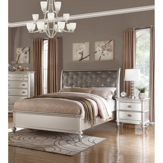Silver Faux Leather Glamorous 3pc Bedroom Set Queen Size Bed 2x Nightstands Tufted Headboard Furniture