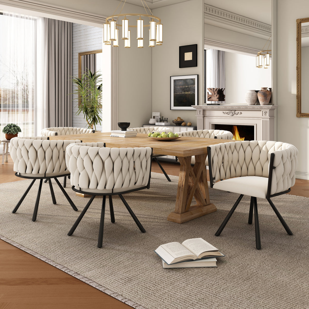 Set of 2 Beige Velvet Swivel Dining Chairs | 360° Tufted