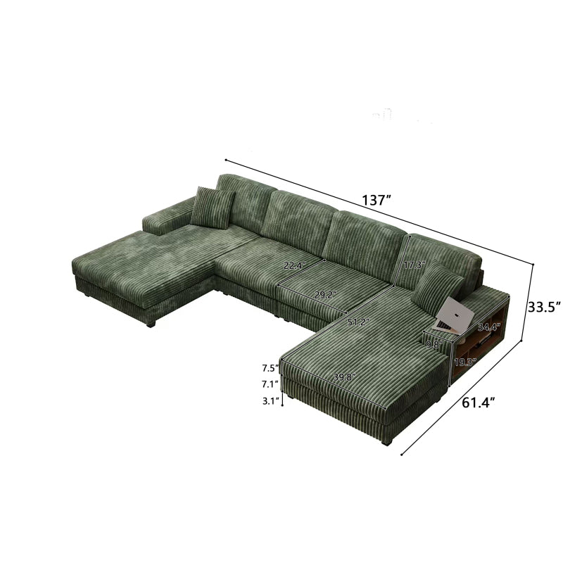 U-Shaped 4 Seat Corduroy Sectional Sofa, Green