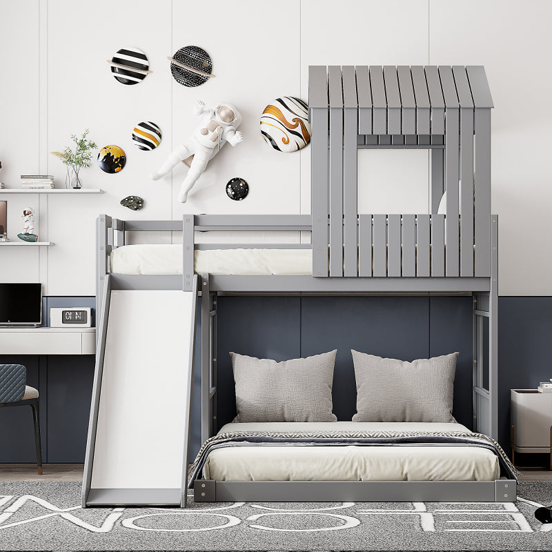 Wooden Twin Over Full Bunk Bed with Slide & Ladder – Farmhouse Playhouse Design