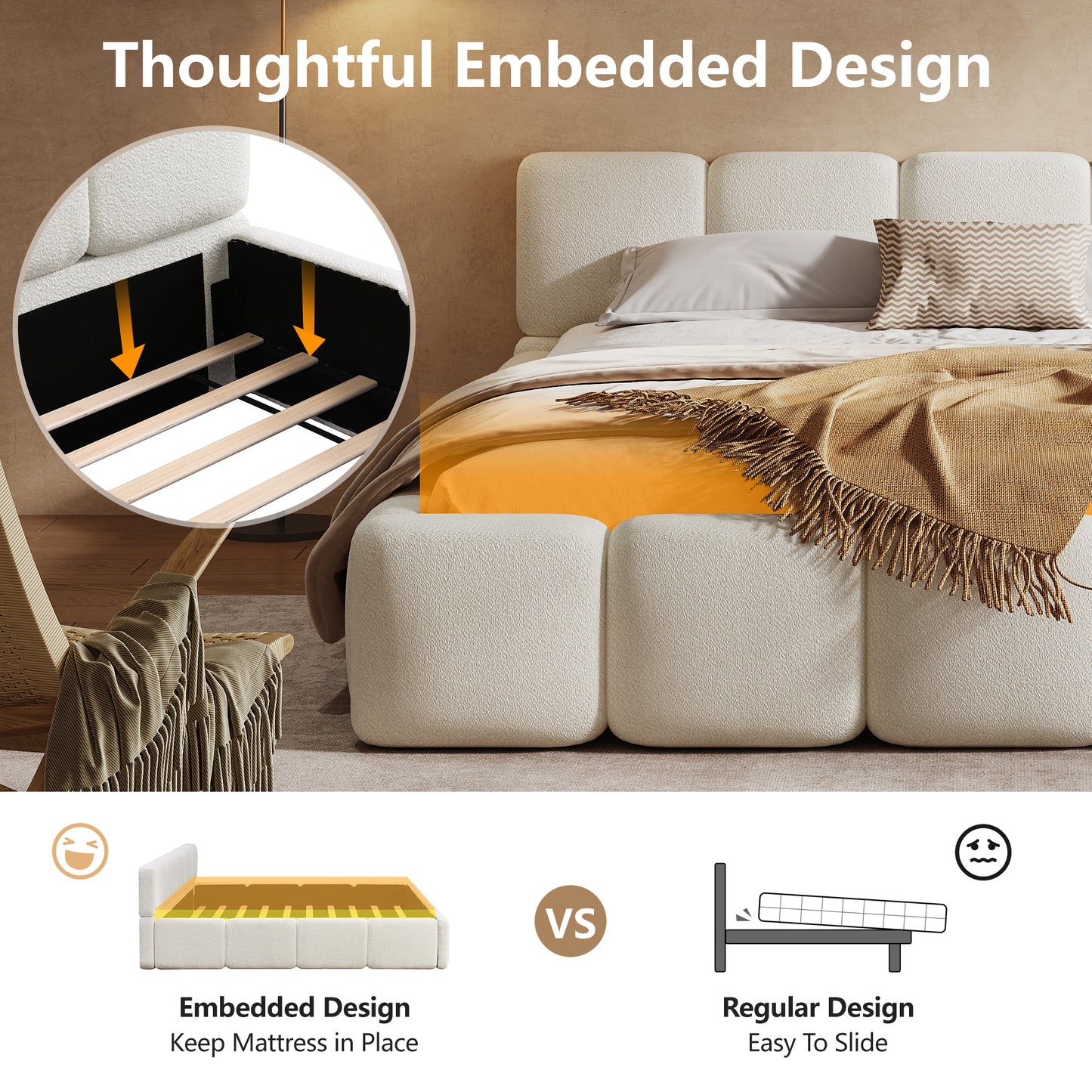 King White Boucle Upholstered Bed | Grounded Block Style