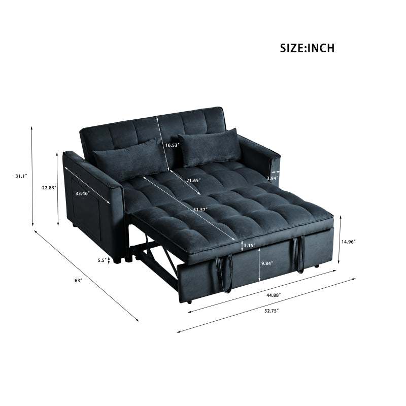 3-in-1 Convertible Sleeper Sofa | Black Velvet Pull Out Couch Bed