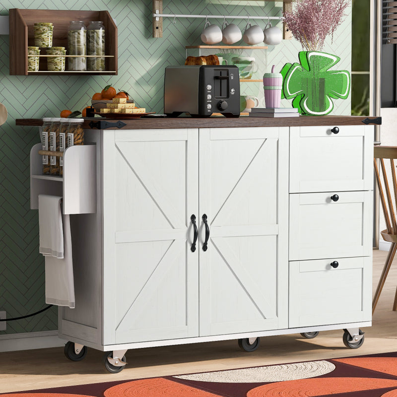54.5" Farmhouse Kitchen Island – Drop Leaf, Power Outlet, Storage Racks, Rolling Cart-white
