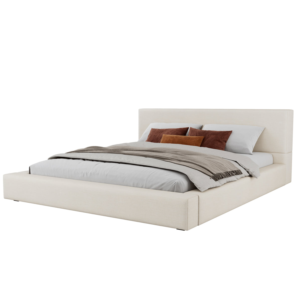 King Upholstered Platform Bed | Beige Linen Headboard & Footboard