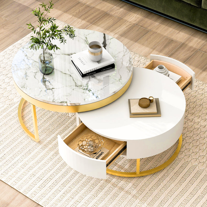 27.6" Round Nesting Coffee Table | Fluted, White & Gold with Drawer
