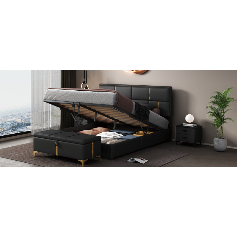 Black Queen 2-Pc Set: Upholstered Hydraulic Storage Bed & Ottoman