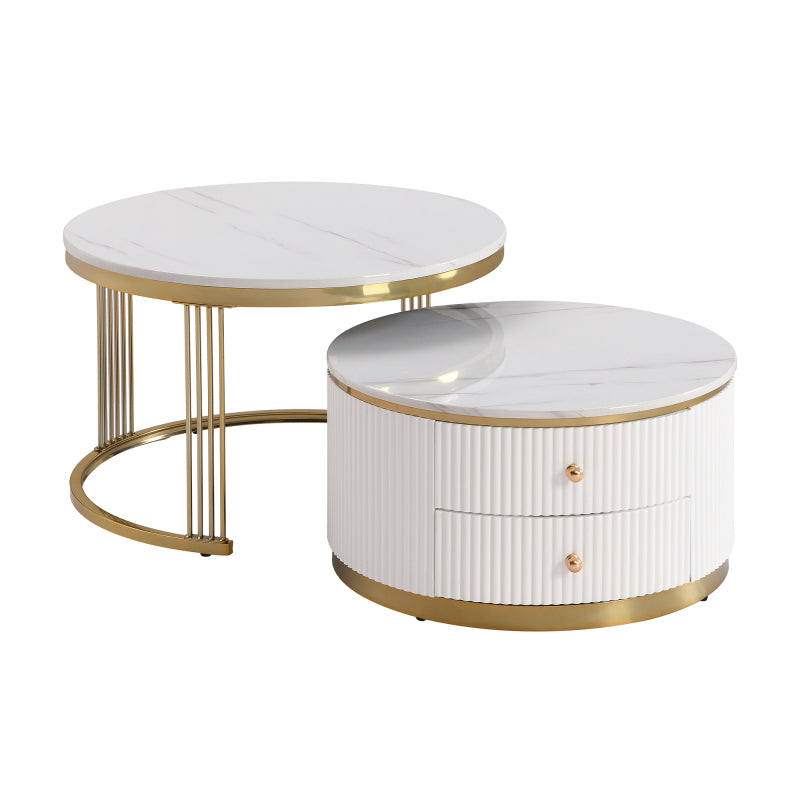 Modern 2 Pieces White Round Nesting Coffee Table with Drawers in 27.6''