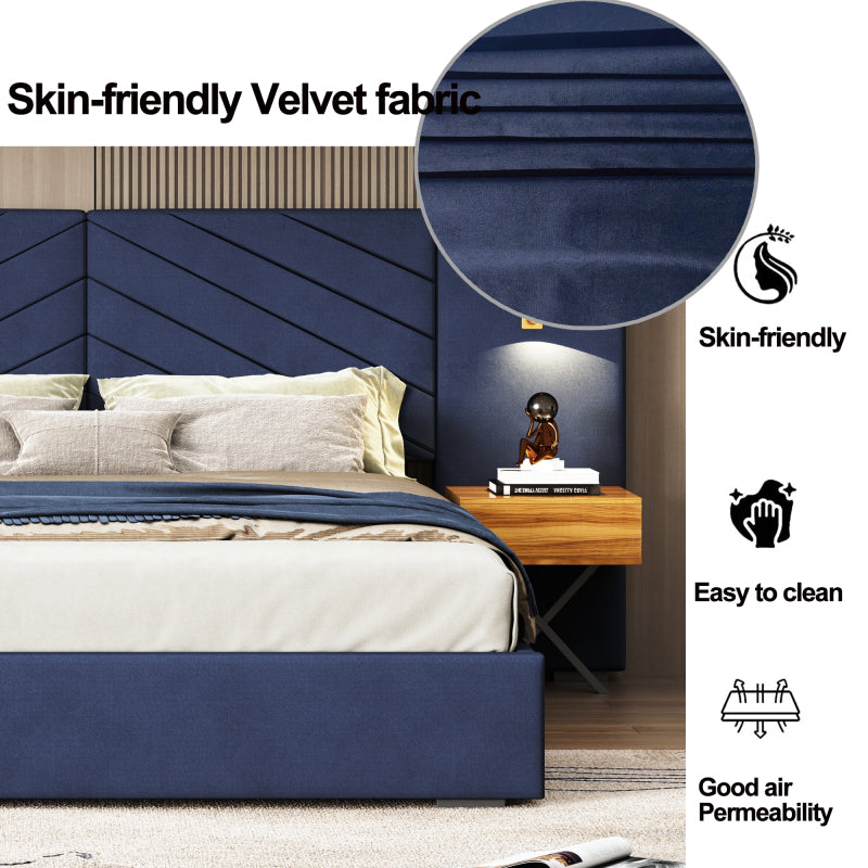 King Size Velvet Platform Bed Frame with Wingback Headboard - No Box Spring Needed, Royal Blue