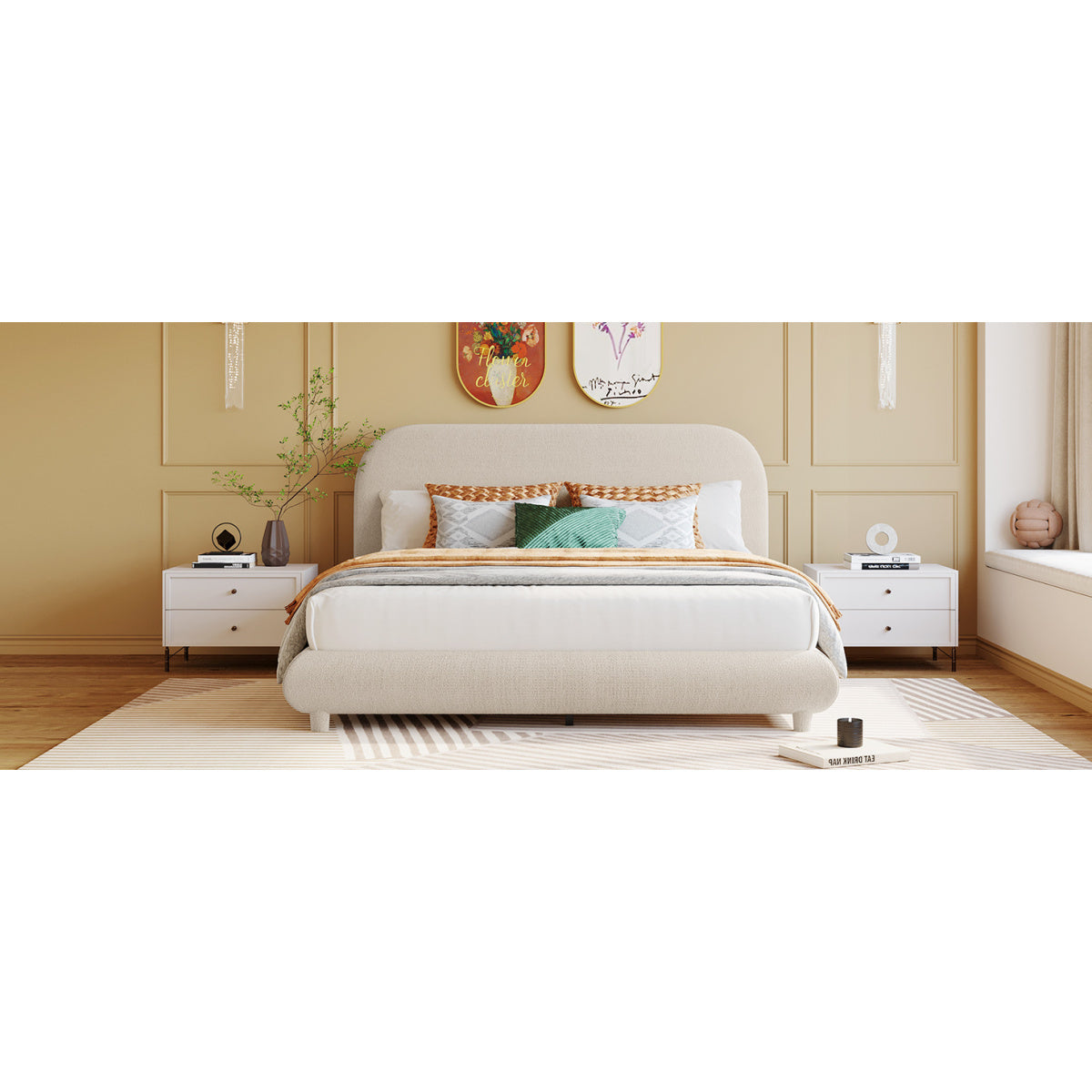 Queen Teddy Fleece Upholstered Bed: Modern Curved Platform Bed in Beige