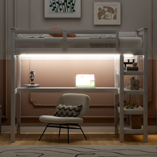 Bunk Loft Bed, with Storage Shelves and Underbed Desk, with LED Lights, White