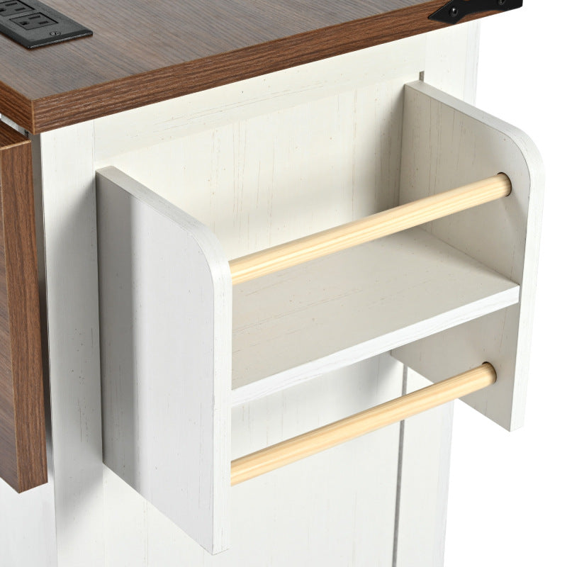 54.5" Farmhouse Kitchen Island – Drop Leaf, Power Outlet, Storage Racks, Rolling Cart-white