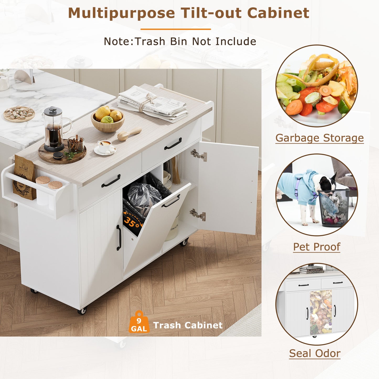 White Kitchen Island with Trash Cabinet & Drop Leaf