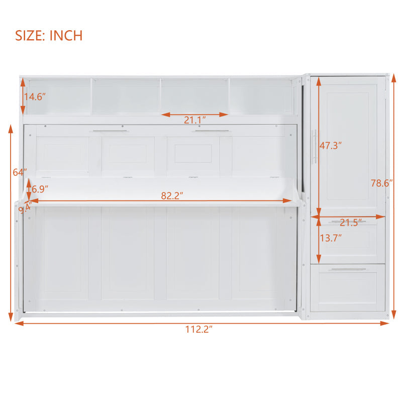 Murphy Bed with Closet & Drawers – Queen Size, White