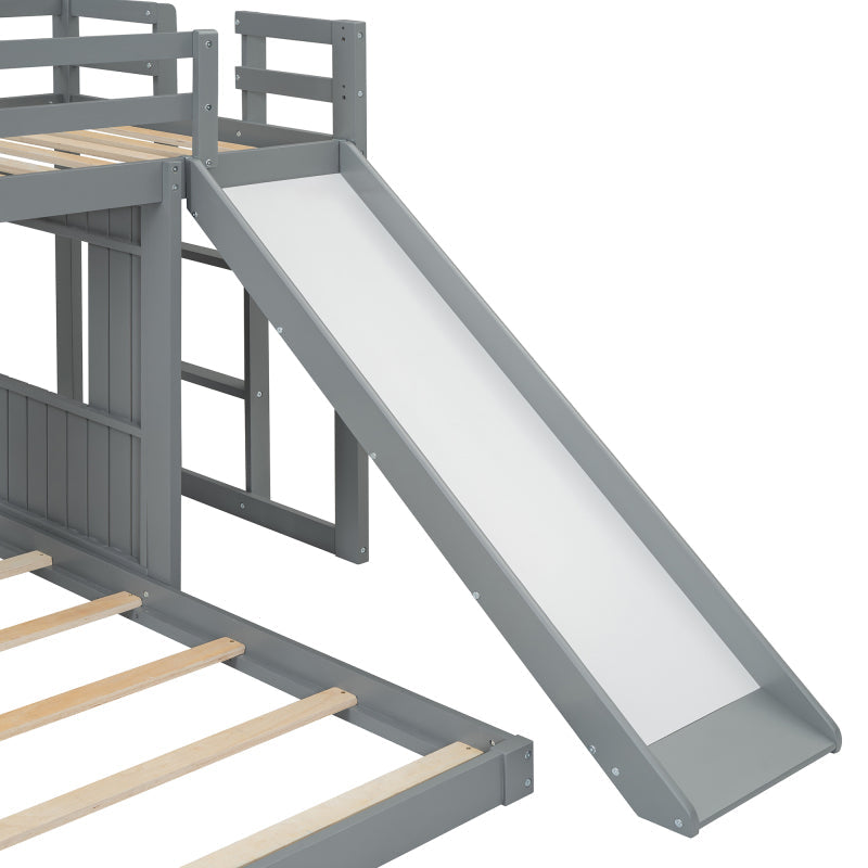 Wooden Twin Over Full Bunk Bed with Slide & Ladder – Farmhouse Playhouse Design