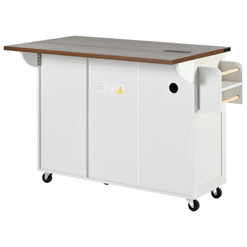 54.5" Farmhouse Kitchen Island – Drop Leaf, Power Outlet, Storage Racks, Rolling Cart-white