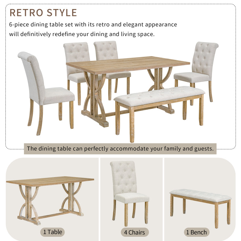 6-Piece Retro Dining Set - Table with 4 Chairs & Bench, Natural Wood