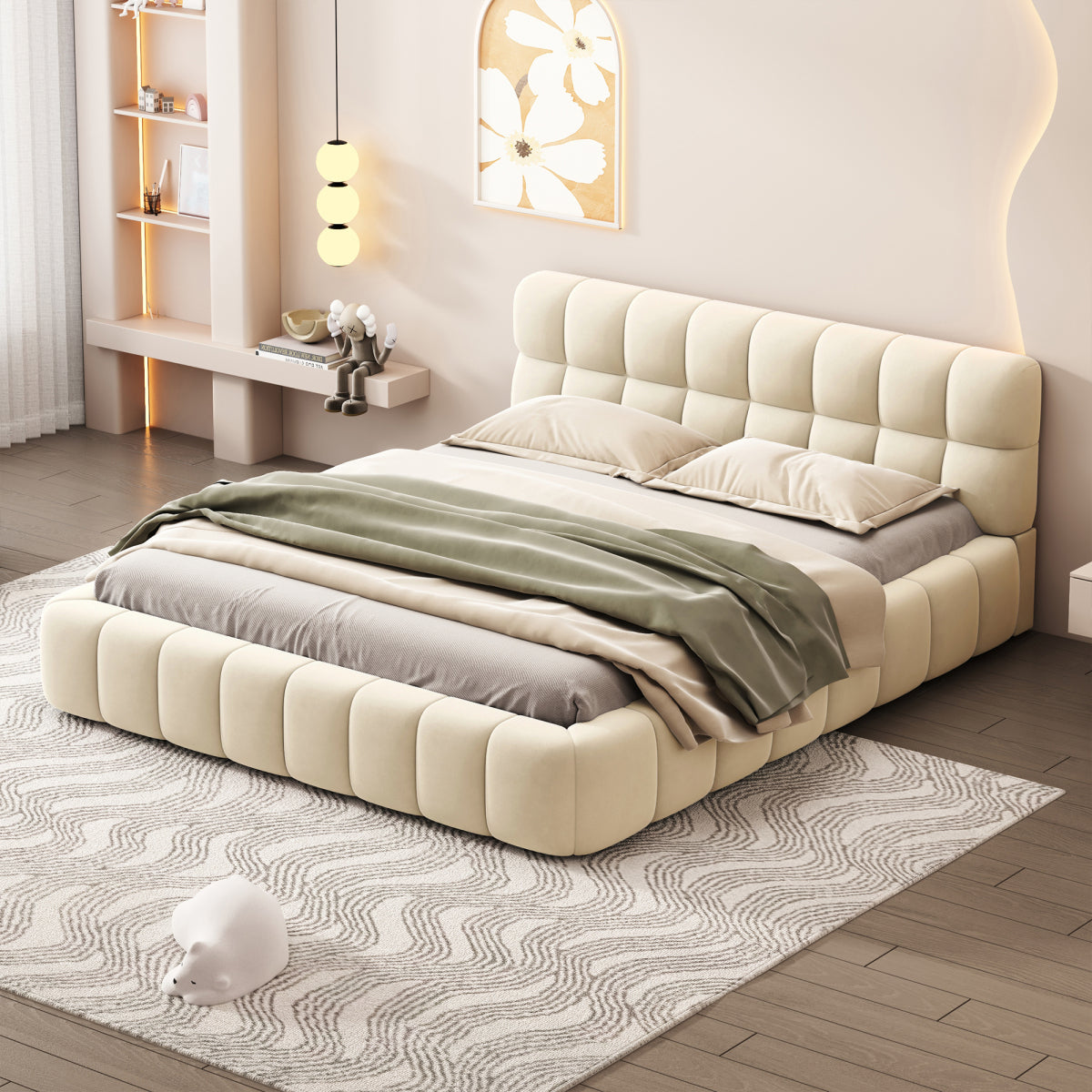 Modern Queen Grounded Bed: Beige Thick Fabric Upholstered Platform Bed