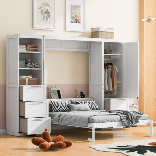 Queen Size Murphy Bed Wall Bed with Closet, Drawers and Shelves, White
