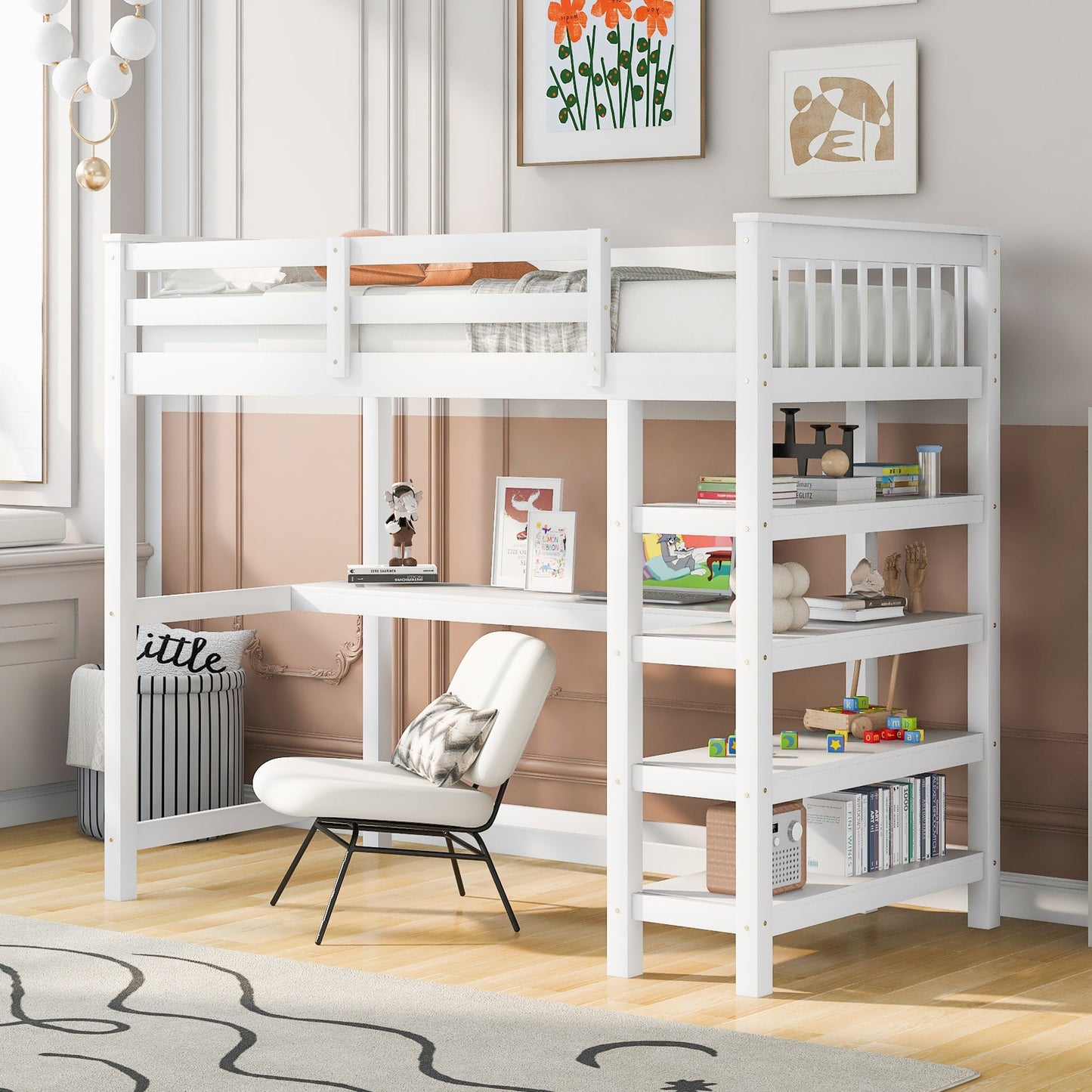 Bunk Loft Bed, with Storage Shelves and Underbed Desk, with LED Lights, White