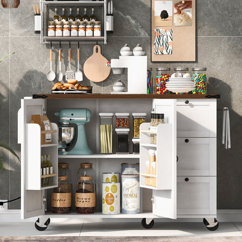 54.5" Farmhouse Kitchen Island – Drop Leaf, Power Outlet, Storage Racks, Rolling Cart-white