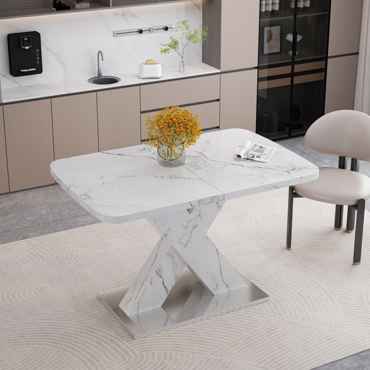 Modern Extendable Dining Table (47"-63") | Marble Top, X-Base