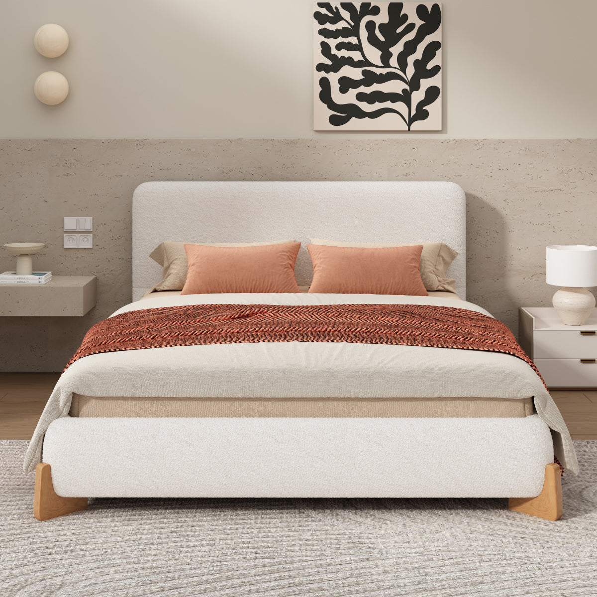 Modern King White Boucle Upholstered Bed: Luxury Platform Bed Frame