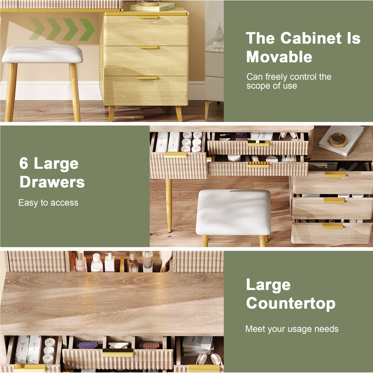 7-Drawer Vanity Desk: LED Mirror, Carved Details, Stool & Jewelry Storage