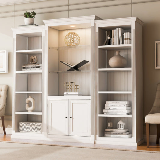 79" Tall LED Bookcase Display Cabinet - 3-Piece Retro Bookshelf with Glass Shelves, White