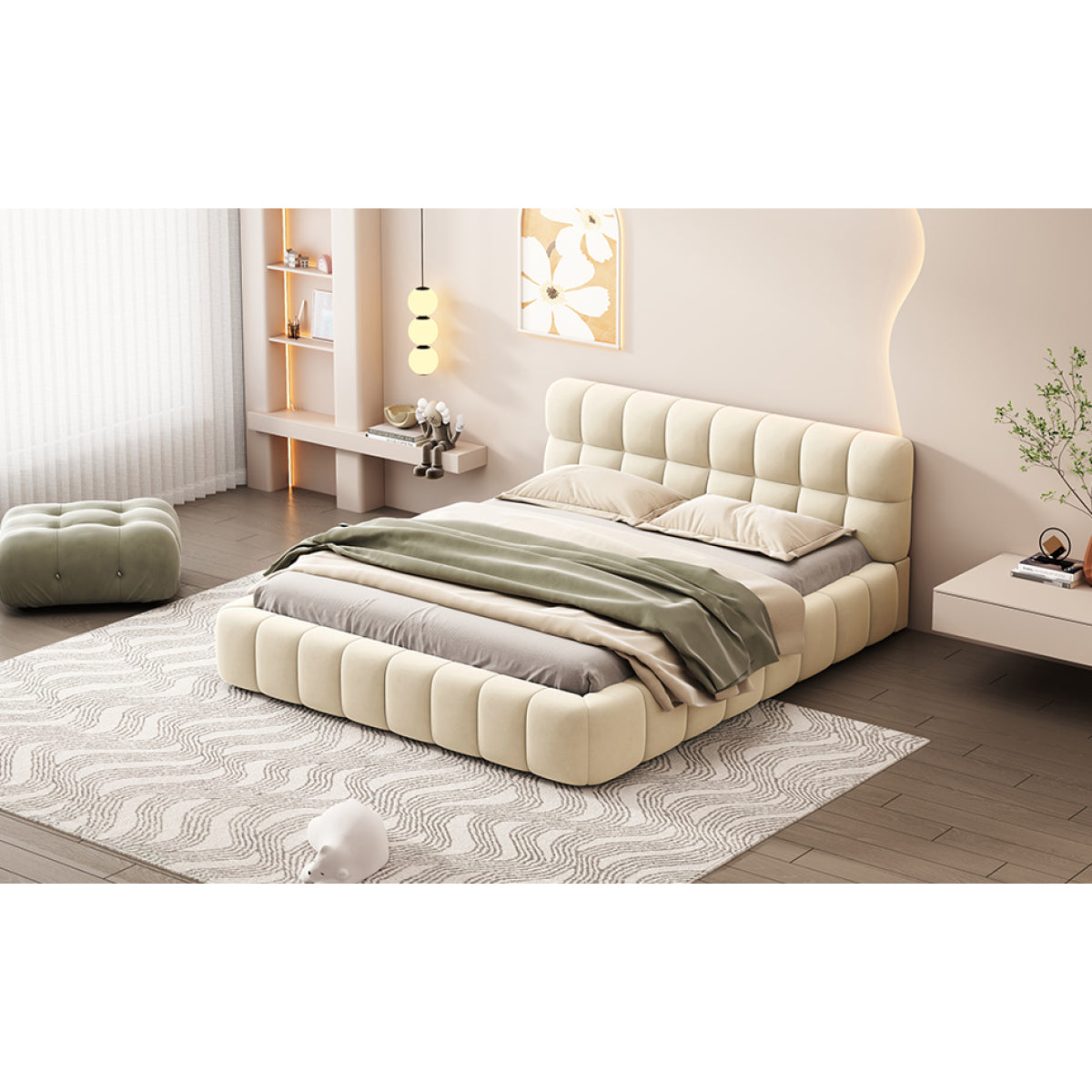Modern Queen Grounded Bed: Beige Thick Fabric Upholstered Platform Bed