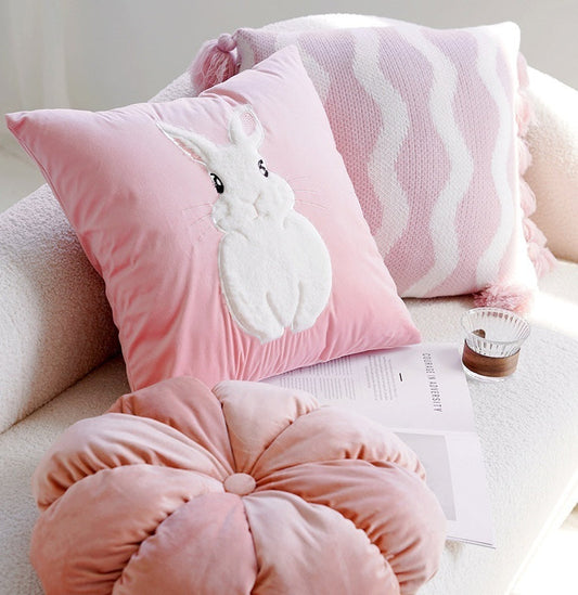 Ins Style Pink Cute Rabbit Pillowcase for Children's Bedroom Headboard Cushion Living Room Sofa Round Pillow