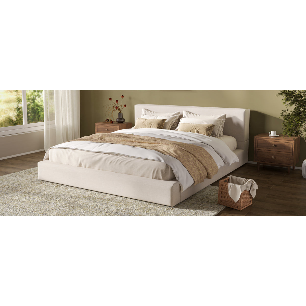 King Upholstered Platform Bed | Beige Linen Headboard & Footboard