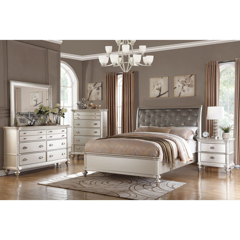 Silver Faux Leather Glamorous 3pc Bedroom Set Queen Size Bed 2x Nightstands Tufted Headboard Furniture