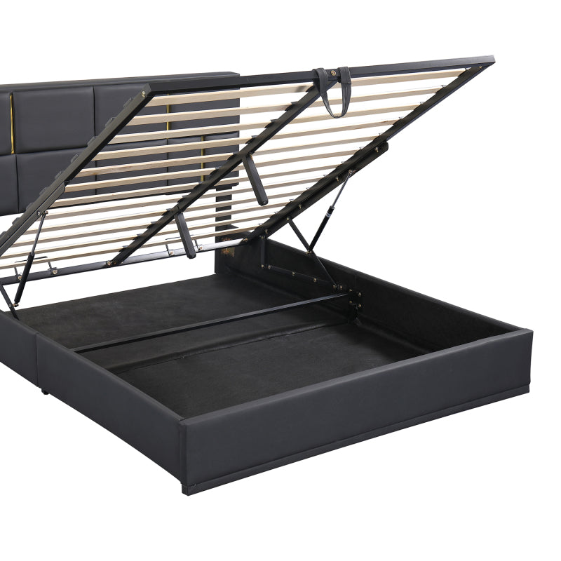 Black Queen 2-Pc Set: Upholstered Hydraulic Storage Bed & Ottoman