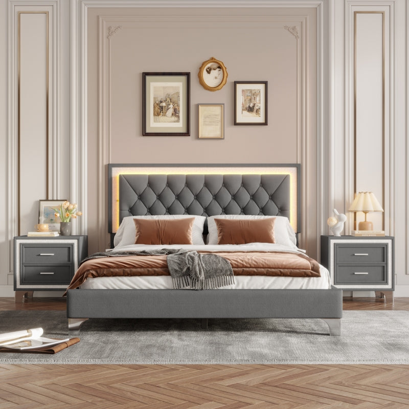 Modern Queen Upholstered Bed Set w/ LED Headboard & Nightstands