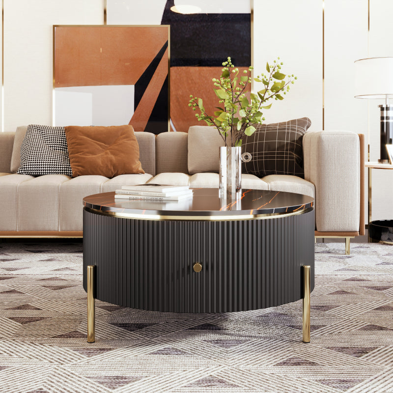 27.6" Round Nesting Coffee Table | Fluted, White & Gold with Drawer