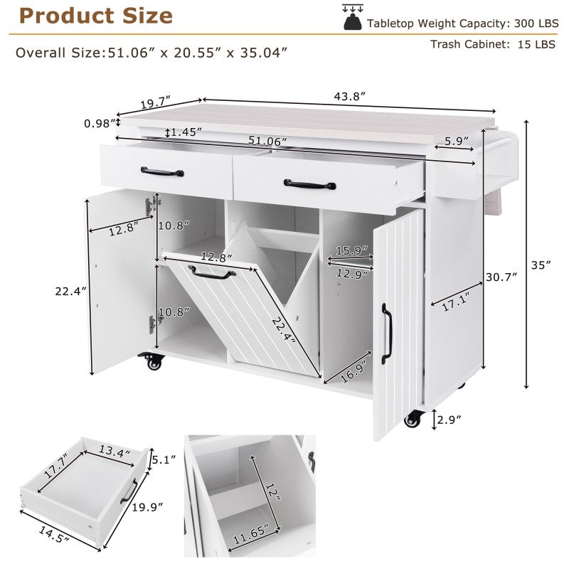 White Kitchen Island with Trash Cabinet & Drop Leaf