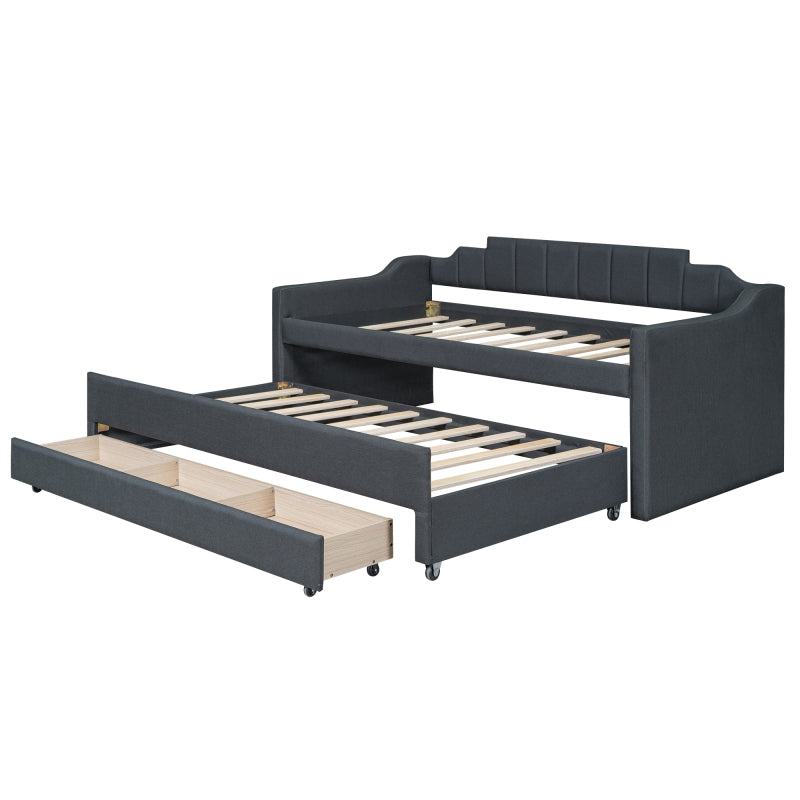 Twin Size Upholstered Daybed with Trundle and Three Drawers,Gray