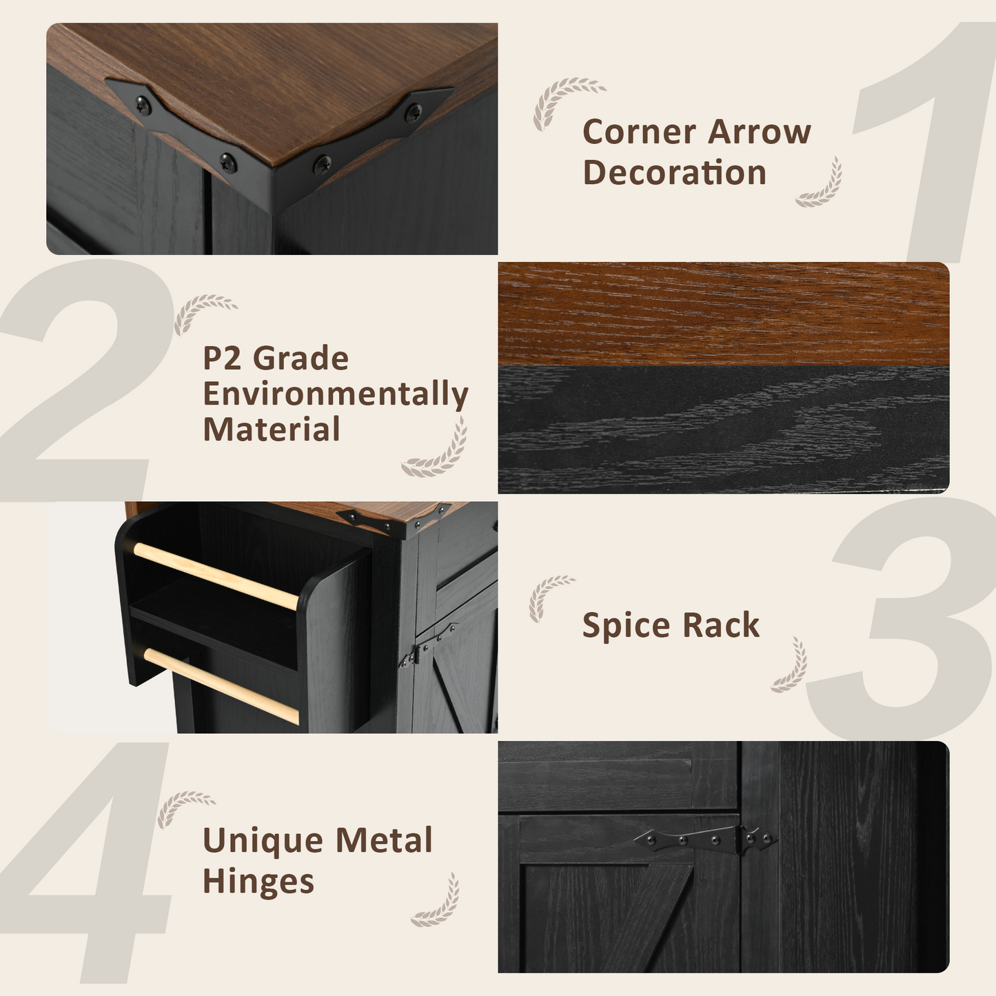 53.5" Farmhouse Kitchen Island with Drop Leaf & Power Outlet