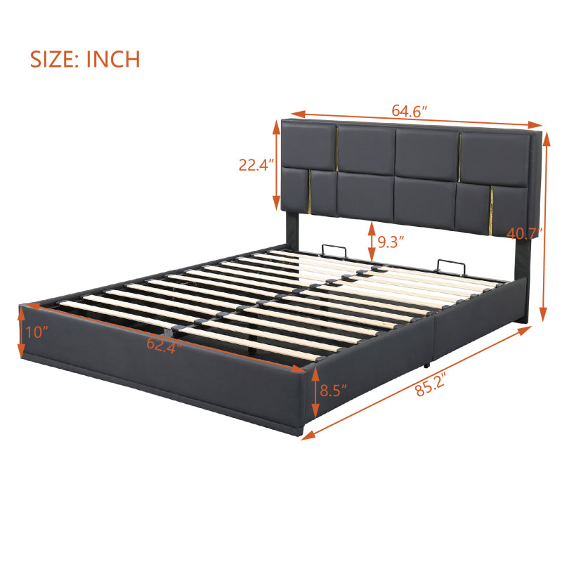 Black Queen 2-Pc Set: Upholstered Hydraulic Storage Bed & Ottoman