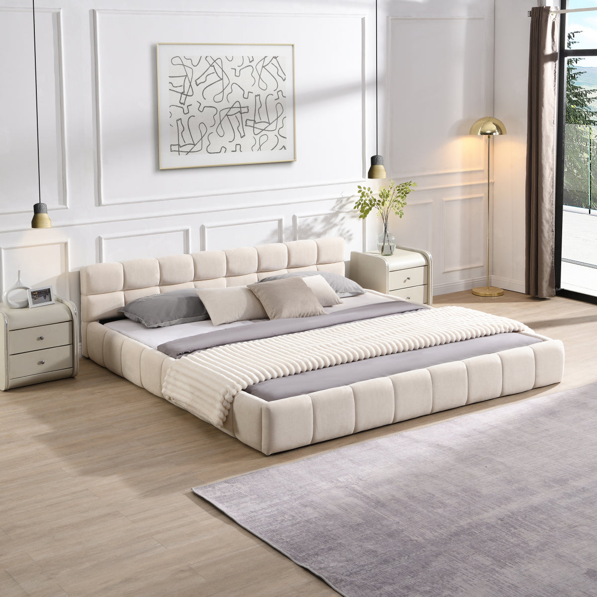 Elegant Beige Chenille Upholstered Bed with Checkerboard Design, King, Beige