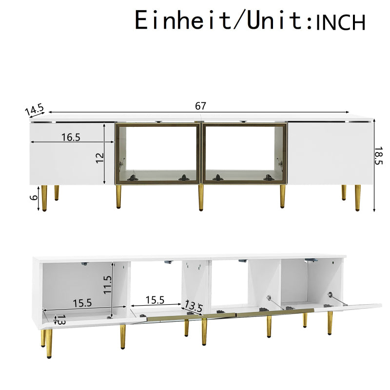 Modern TV Stand with Glass Doors & LED Lights, 67"