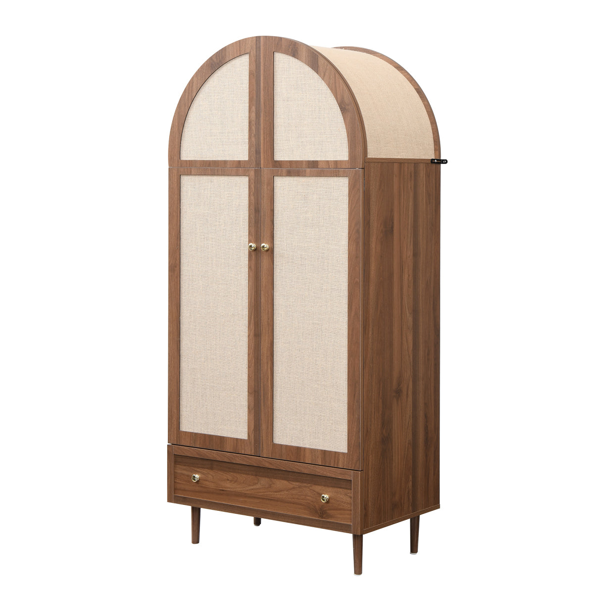 Modern Walnut Wardrobe Armoire: Fabric Door Clothing Cabinet with Drawer