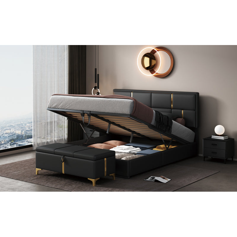 Black Queen 2-Pc Set: Upholstered Hydraulic Storage Bed & Ottoman