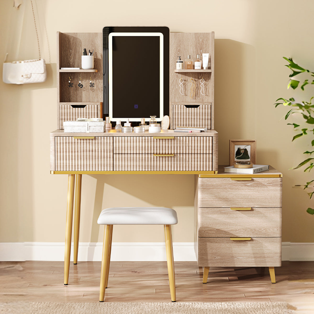 7-Drawer Vanity Desk: LED Mirror, Carved Details, Stool & Jewelry Storage