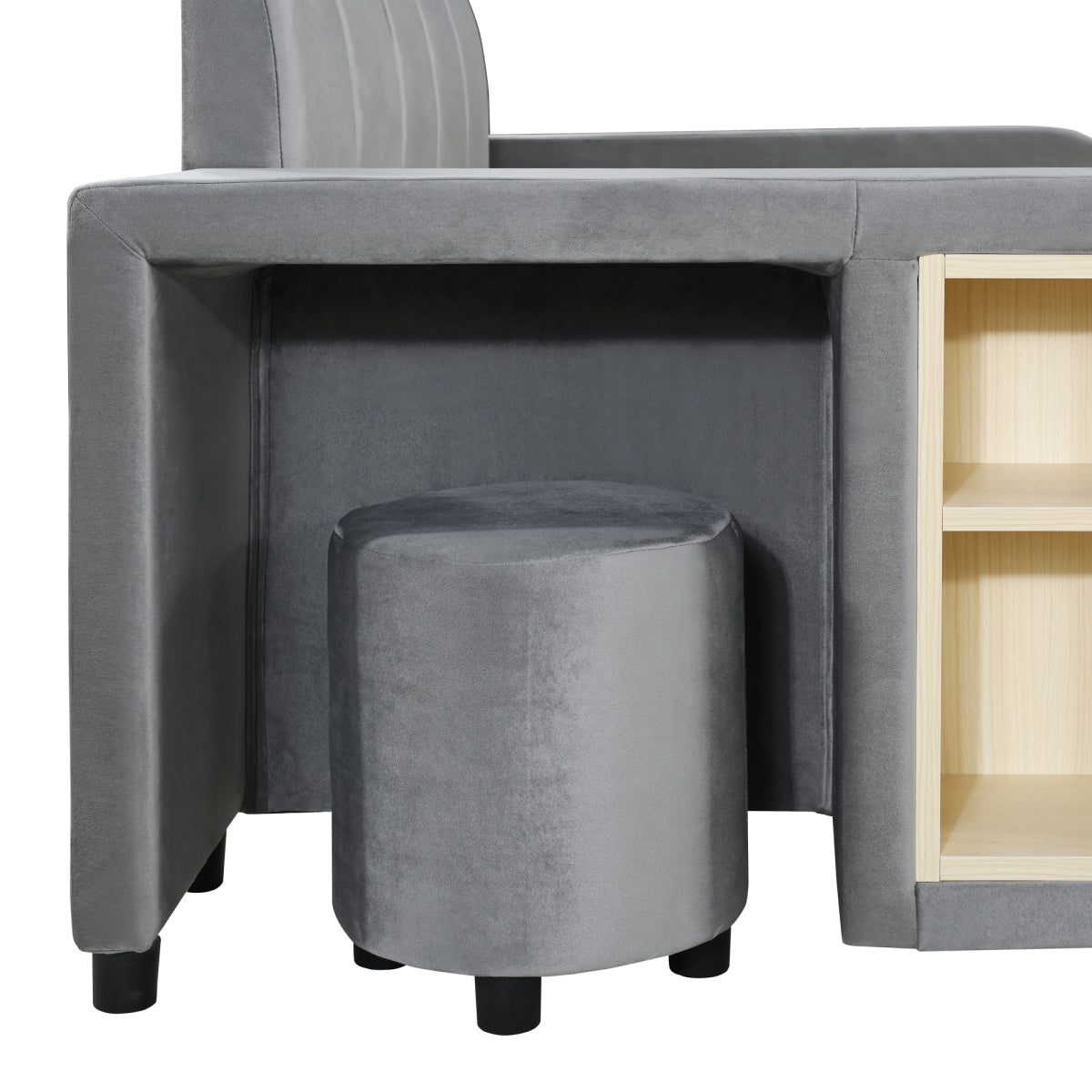 Queen Velvet Grounded Bed with Bedside Desk & Round Stool