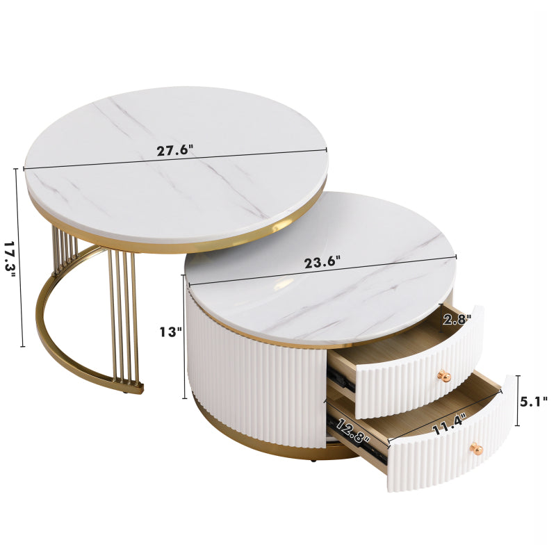 Modern 2 Pieces White Round Nesting Coffee Table with Drawers in 27.6''